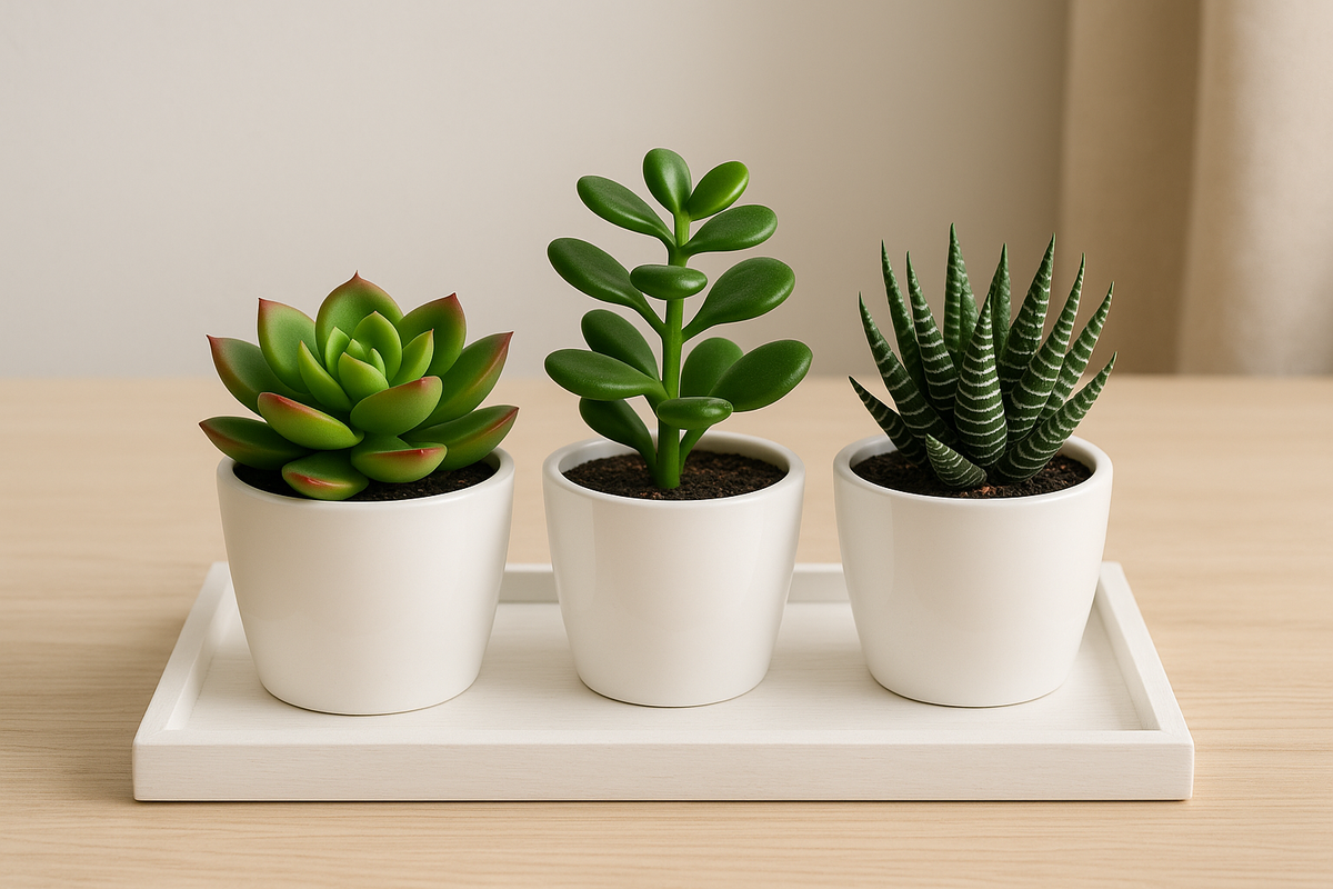 Kit 3 Suculentas Artificiais com Vasos e Bandeja Branca