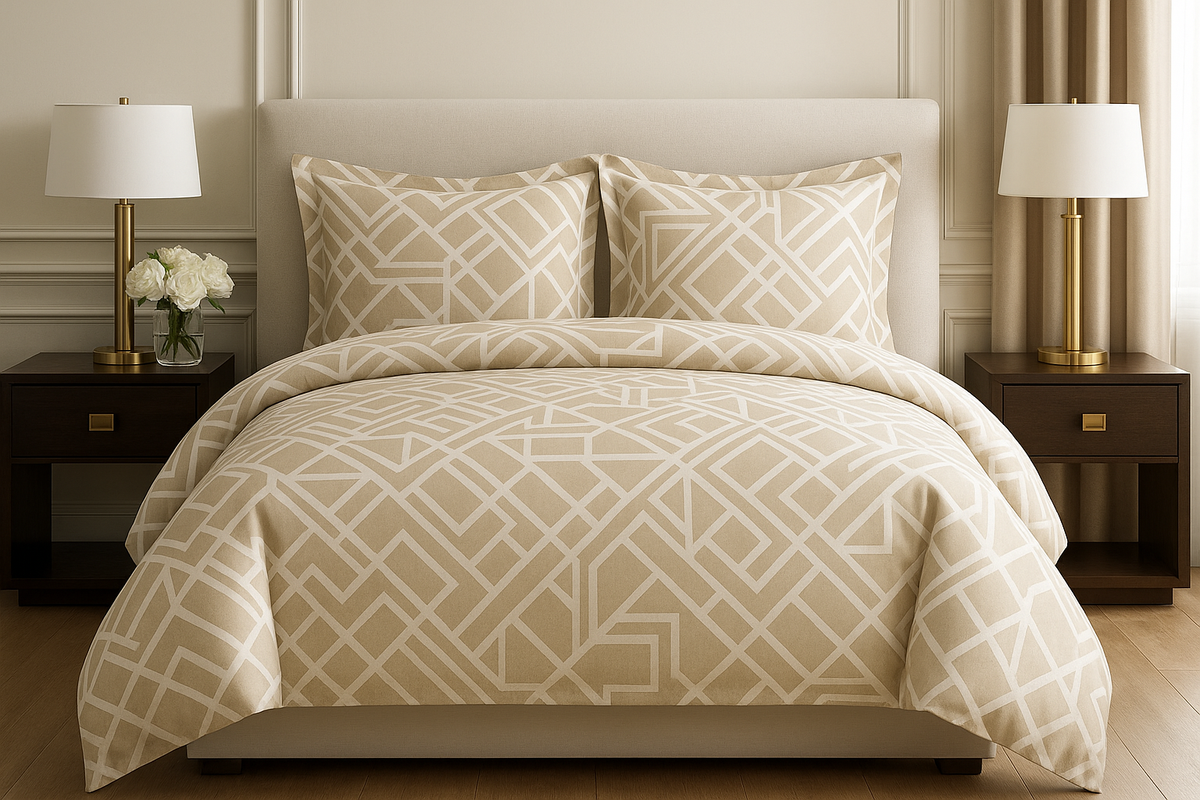Jogo de Cama King Geométrico Bege e Branco - 4 Peças