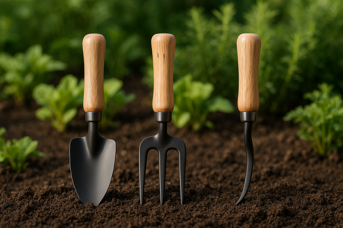 Kit 3 Ferramentas de Jardim Cabo Madeira Pá Garfo Removedor